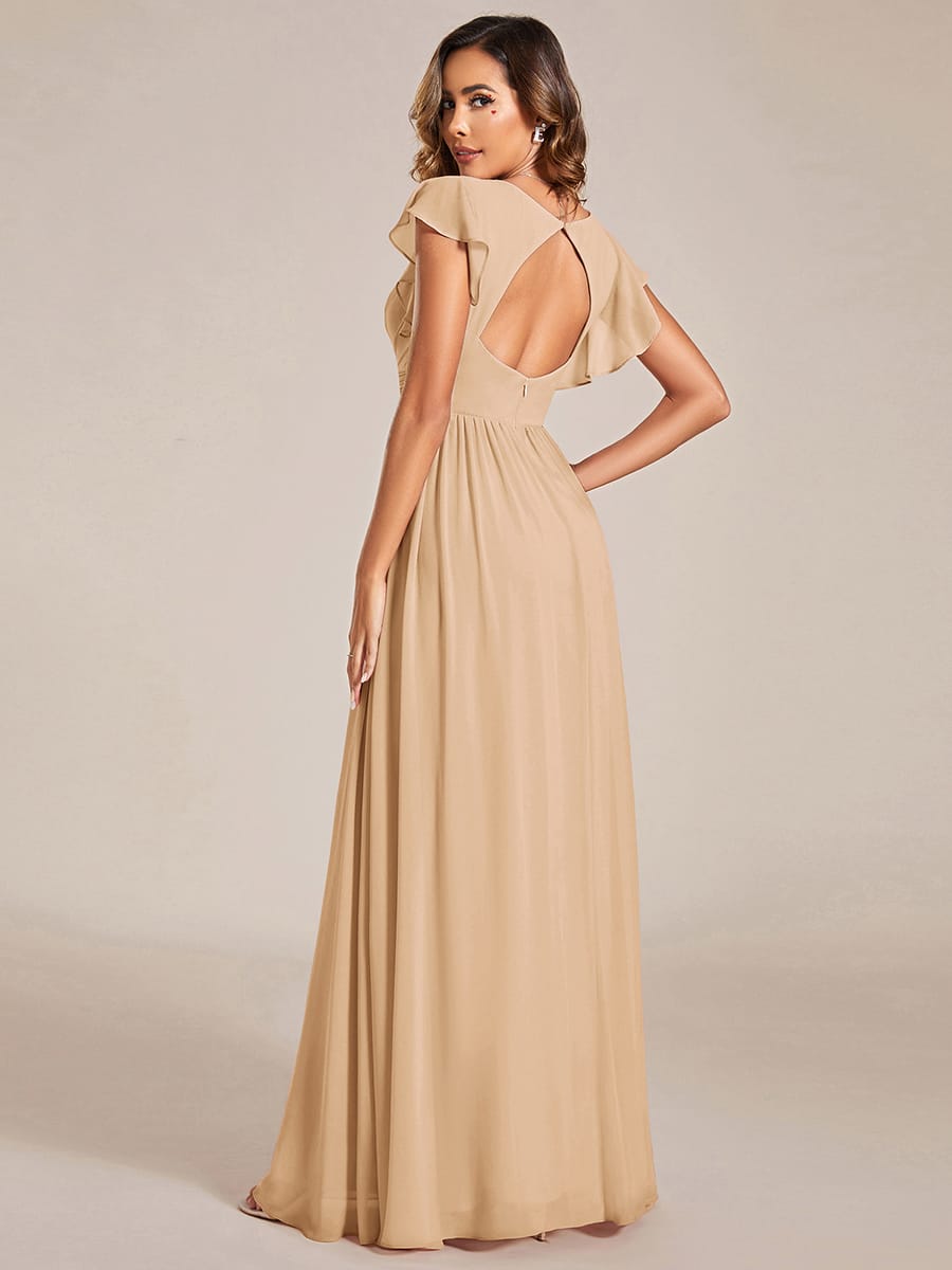 ever LILYANA|Floral V-Neck Open Back Ruffled Sleeves Chiffon Bridesmaid Dress #color_Champagne