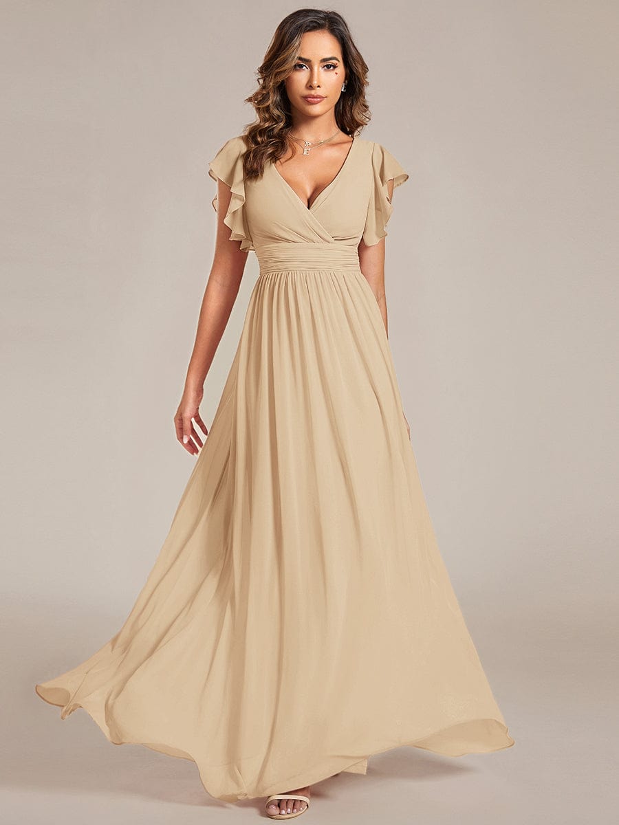 Elegant V-Neck Open Back Chiffon Bridesmaid Dress with Ruffled Sleeves #color_Champagne