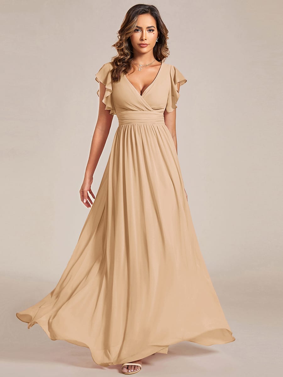 ever LILYANA|Floral V-Neck Open Back Ruffled Sleeves Chiffon Bridesmaid Dress #color_Champagne