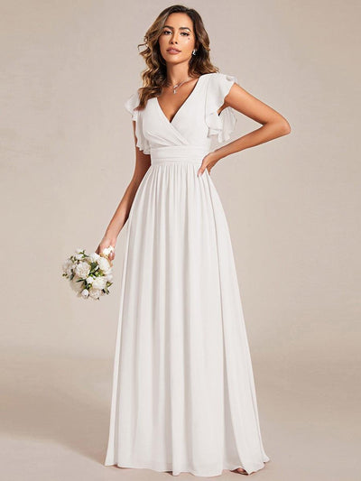 V-Neck Open Back Ruffled Sleeves Chiffon Bridesmaid Dress #color_White