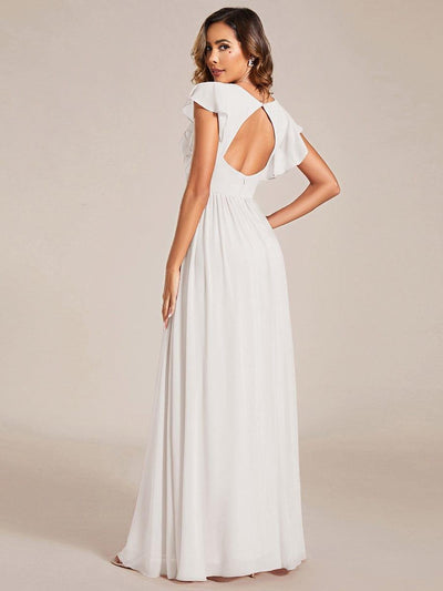 V-Neck Open Back Ruffled Sleeves Chiffon Bridesmaid Dress #color_White