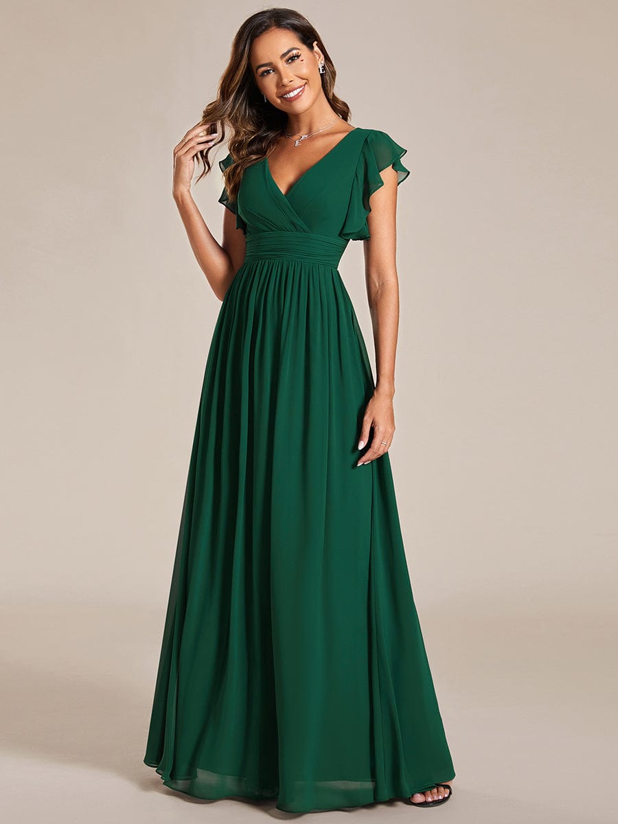 Custom Size Elegant V-Neck Open Back Chiffon Bridesmaid Dress with Ruffled Sleeves #color_Dark Green