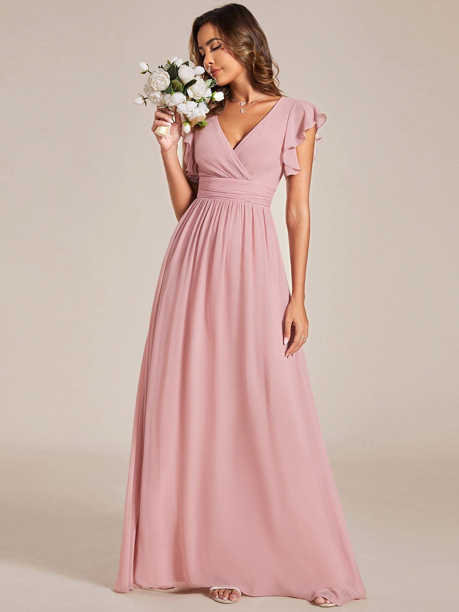 Custom Size Elegant V-Neck Open Back Chiffon Bridesmaid Dress with Ruffled Sleeves #color_Dusty Rose