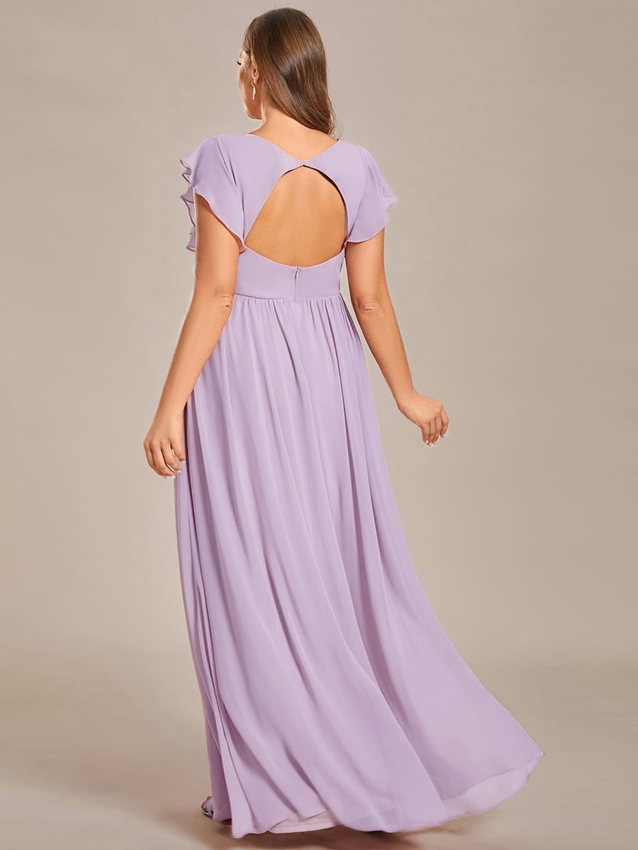 Elegant V-Neck Open Back Chiffon Bridesmaid Dress with Ruffled Sleeves #color_Frosted Lilac