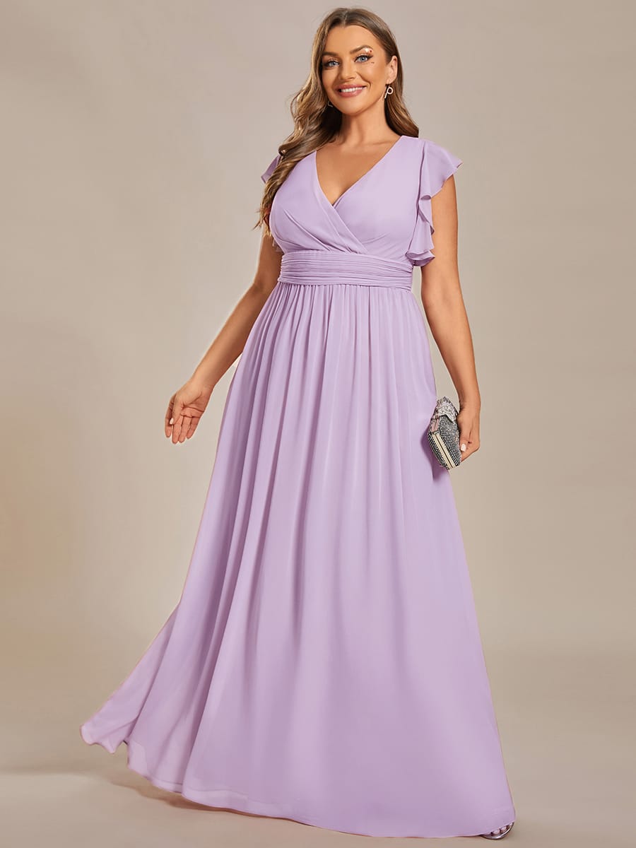 Plus Size V-Neck Open Back Ruffled Sleeves Chiffon Bridesmaid Dress #color_Frosted Lilac