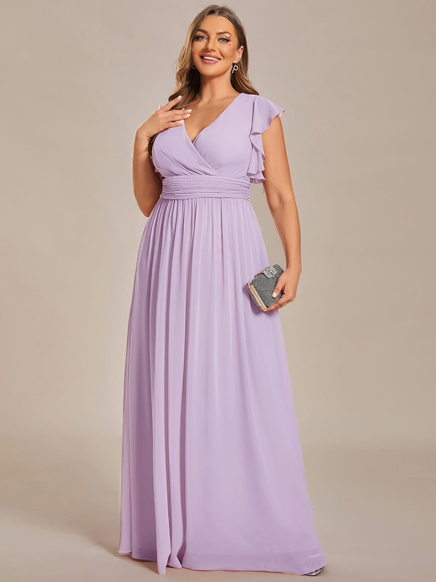 Plus Size V-Neck Open Back Ruffled Sleeves Chiffon Bridesmaid Dress #color_Frosted Lilac