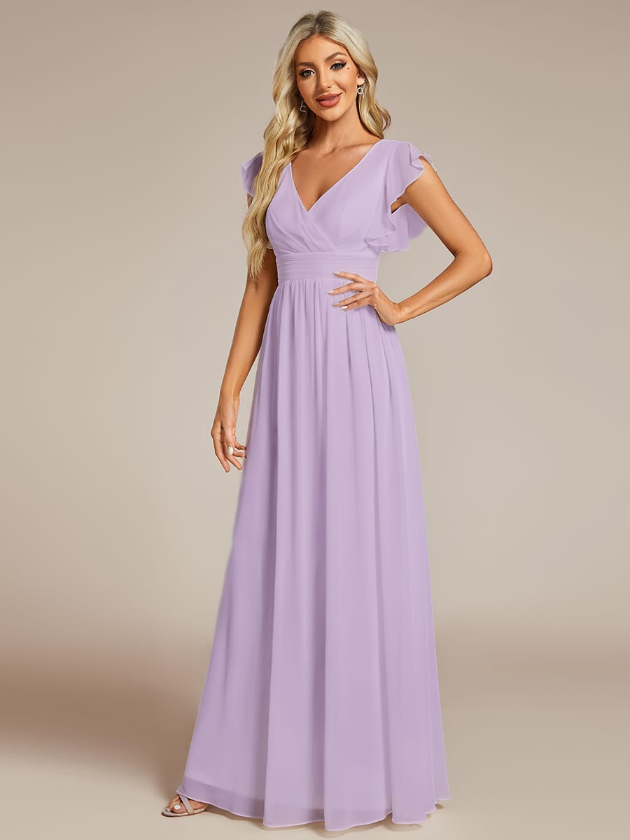 Elegant V-Neck Open Back Chiffon Bridesmaid Dress with Ruffled Sleeves #color_Frosted Lilac