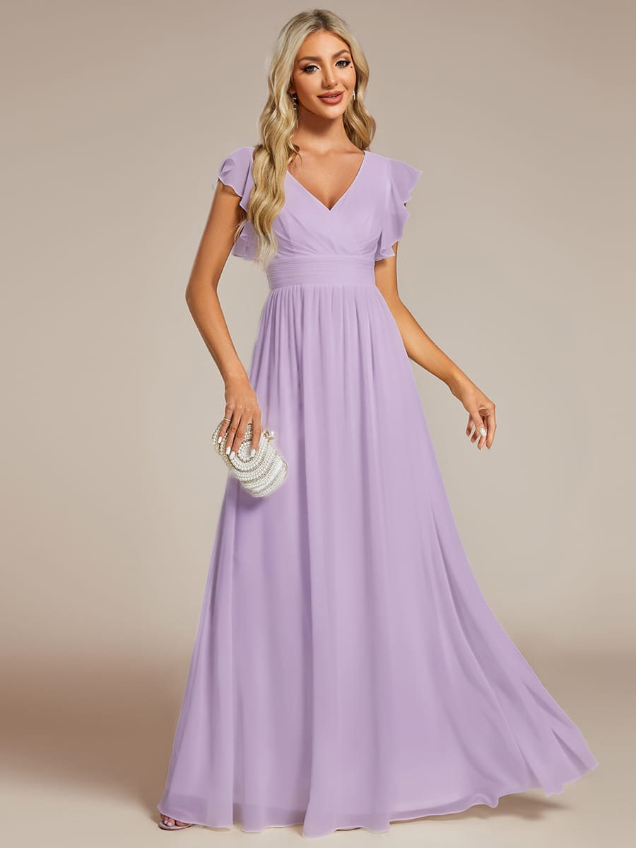 Elegant V-Neck Open Back Chiffon Bridesmaid Dress with Ruffled Sleeves #color_Frosted Lilac