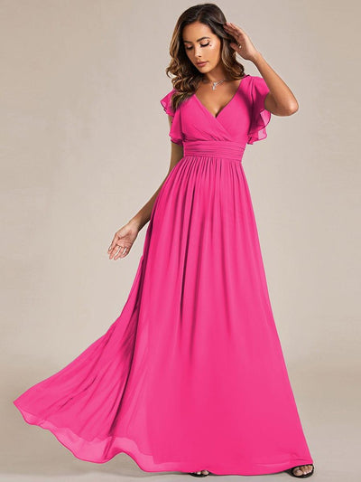 V-Neck Open Back Ruffled Sleeves Chiffon Bridesmaid Dress #color_Hot Pink