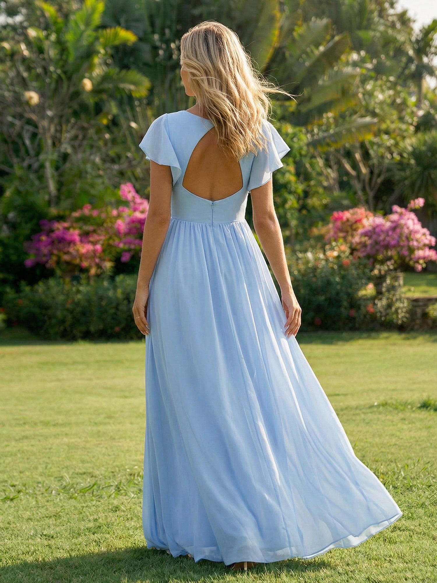 Elegant V-Neck Open Back Chiffon Bridesmaid Dress with Ruffled Sleeves #color_Ice Blue