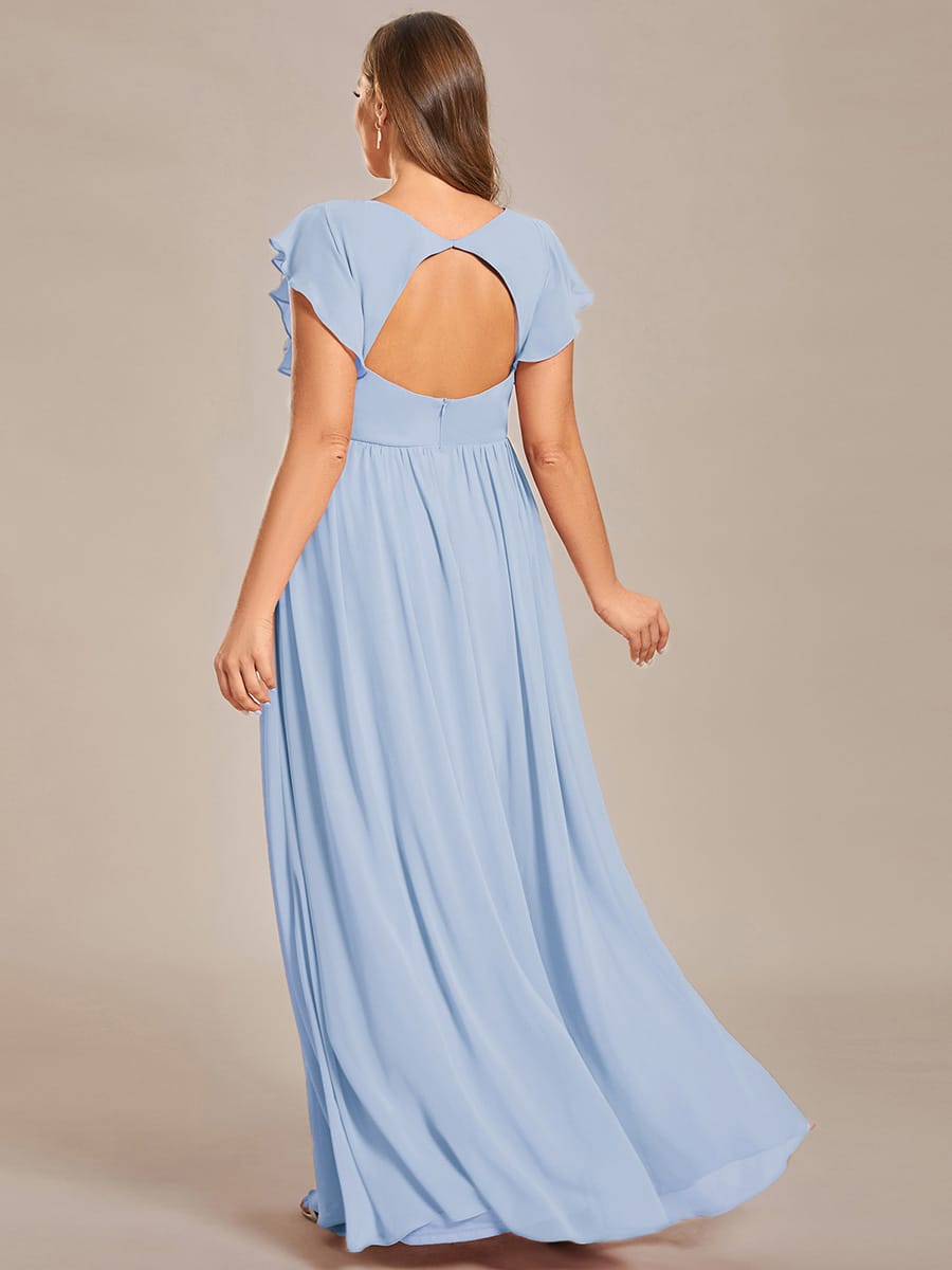 Plus Size V-Neck Open Back Ruffled Sleeves Chiffon Bridesmaid Dress #color_Ice Blue