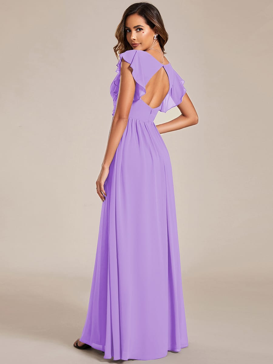 V-Neck Open Back Ruffled Sleeves Chiffon Bridesmaid Dress #color_Lavender