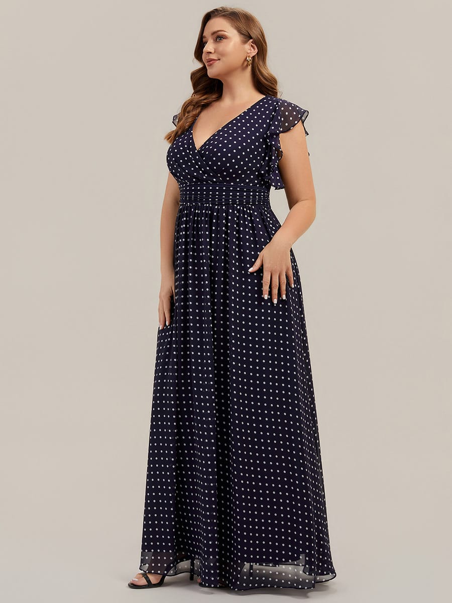 Plus Size V-Neck Open Back Ruffled Sleeves Chiffon Bridesmaid Dress #color_Navy Blue Polka Dots