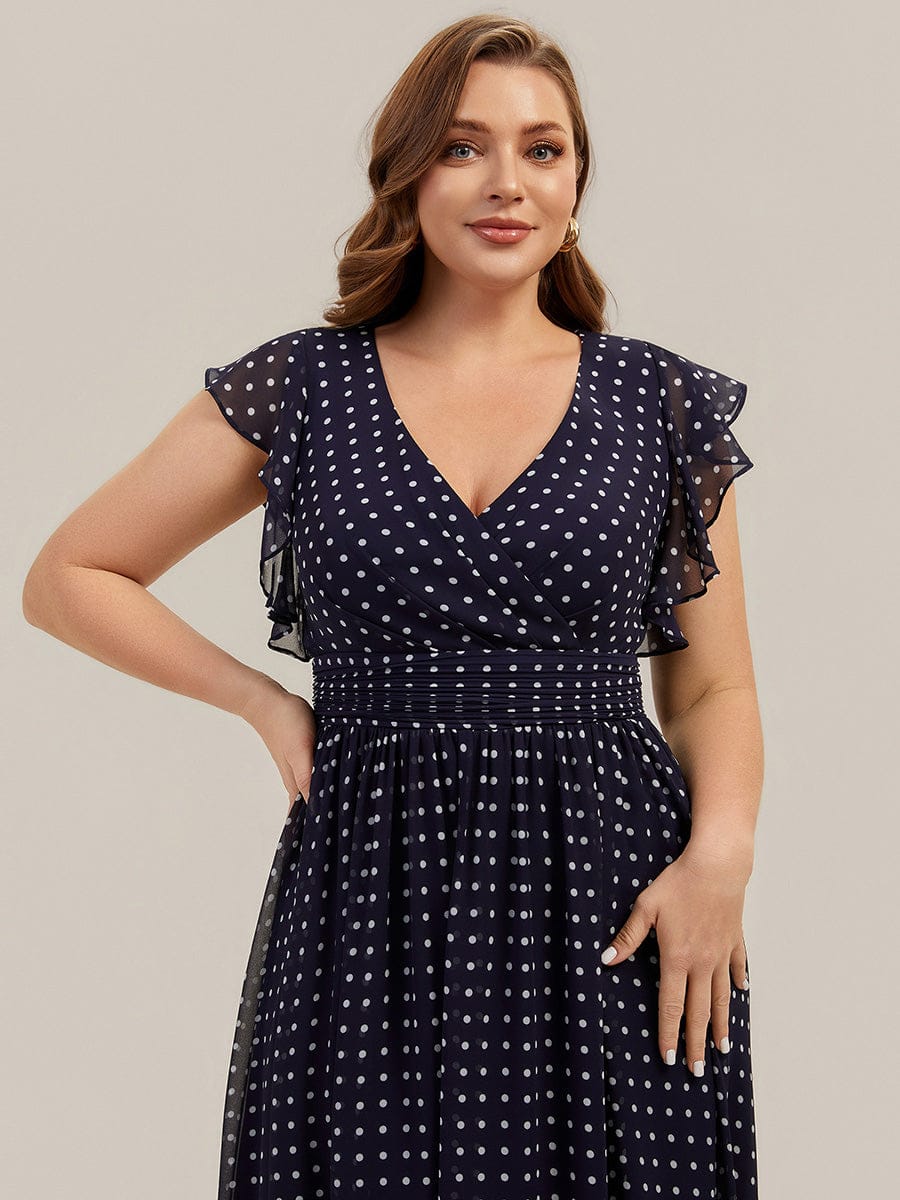 ever LILYANA|Floral V-Neck Open Back Ruffled Sleeves Chiffon Bridesmaid Dress #color_Navy Blue Polka Dots