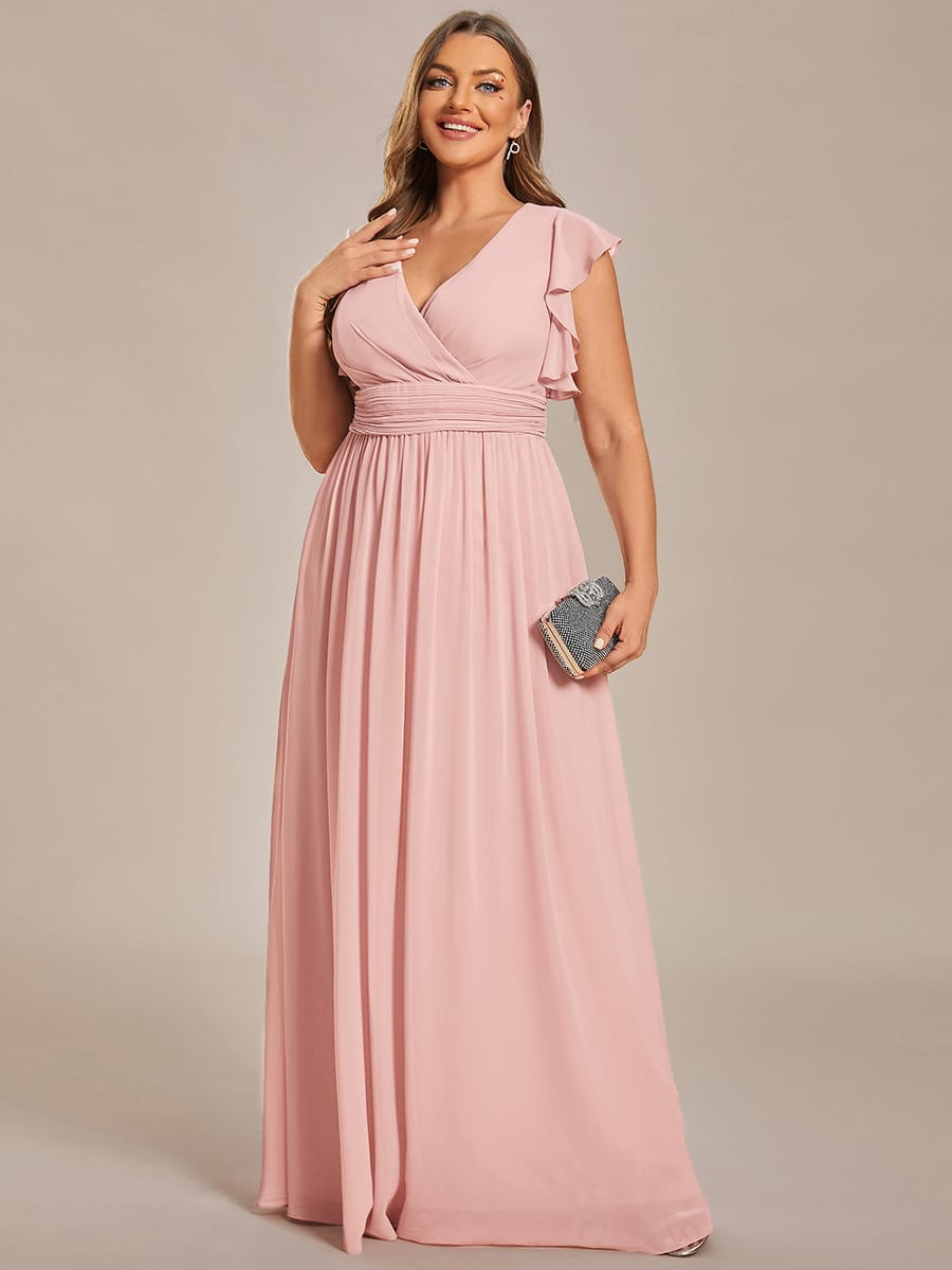 Plus Size V-Neck Open Back Ruffled Sleeves Chiffon Bridesmaid Dress #color_Pink