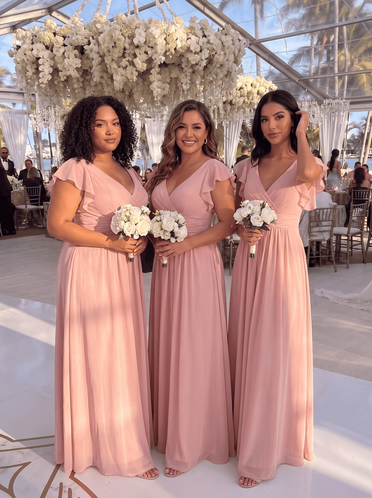 Elegant V-Neck Open Back Chiffon Bridesmaid Dress with Ruffled Sleeves #color_Pink
