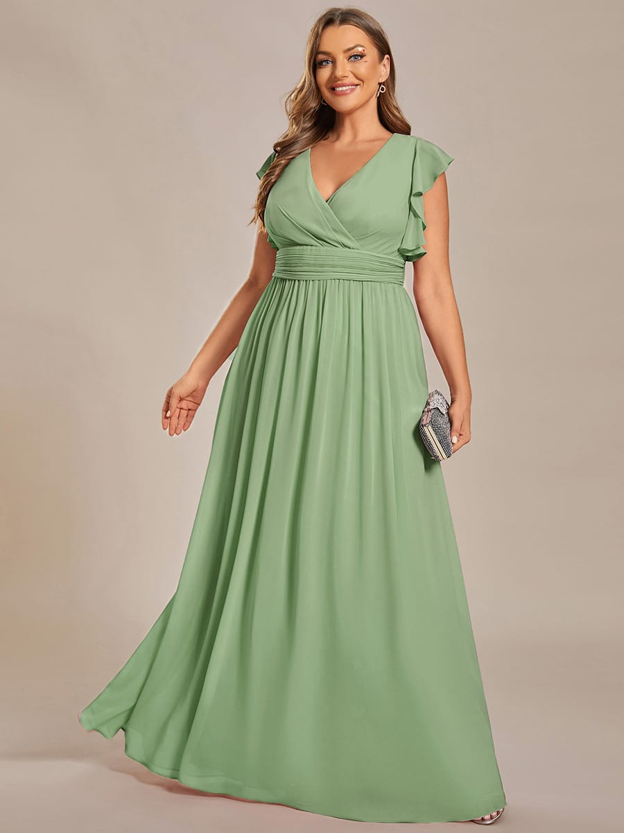 Plus Size V-Neck Open Back Ruffled Sleeves Chiffon Bridesmaid Dress #color_Sage Green