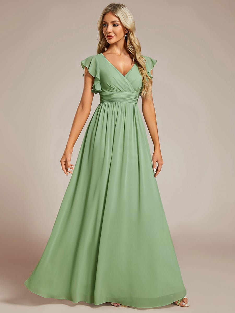 Elegant V-Neck Open Back Chiffon Bridesmaid Dress with Ruffled Sleeves #color_Sage Green
