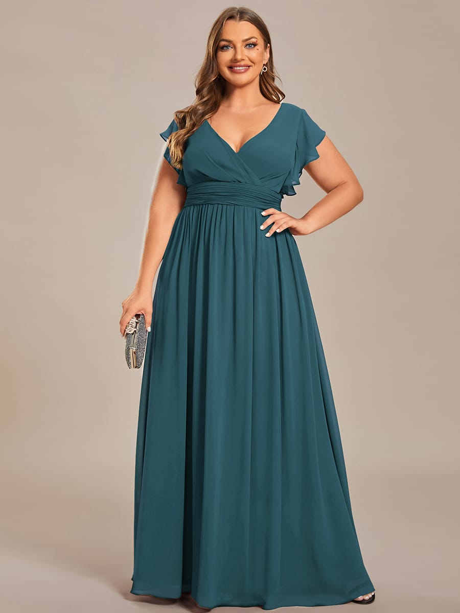 Plus Size V-Neck Open Back Ruffled Sleeves Chiffon Bridesmaid Dress #color_Teal