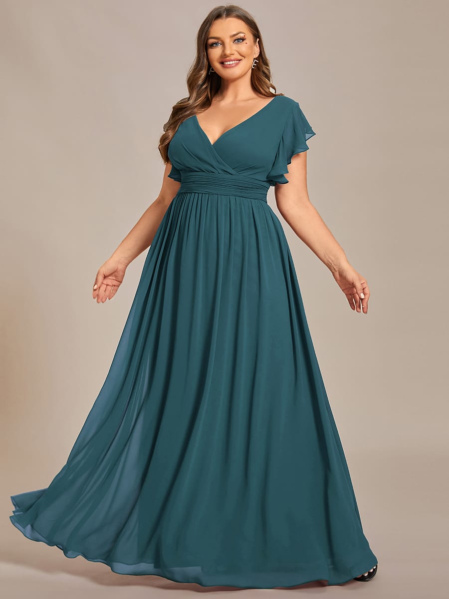 Plus Size V-Neck Open Back Ruffled Sleeves Chiffon Bridesmaid Dress #color_Teal