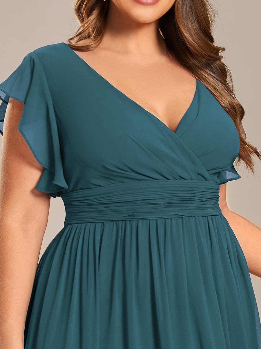Plus Size V-Neck Open Back Ruffled Sleeves Chiffon Bridesmaid Dress #color_Teal