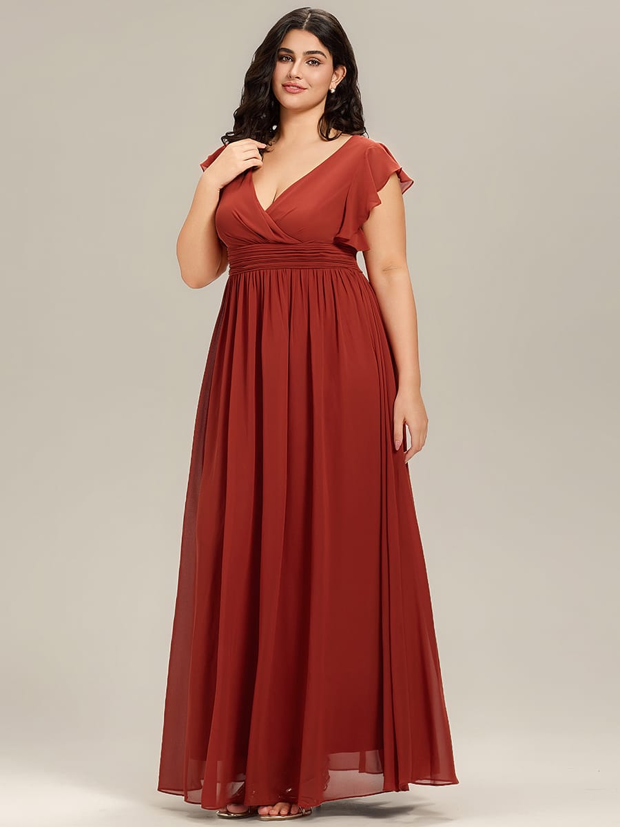 Plus Size V-Neck Open Back Ruffled Sleeves Chiffon Bridesmaid Dress #color_Vermilion