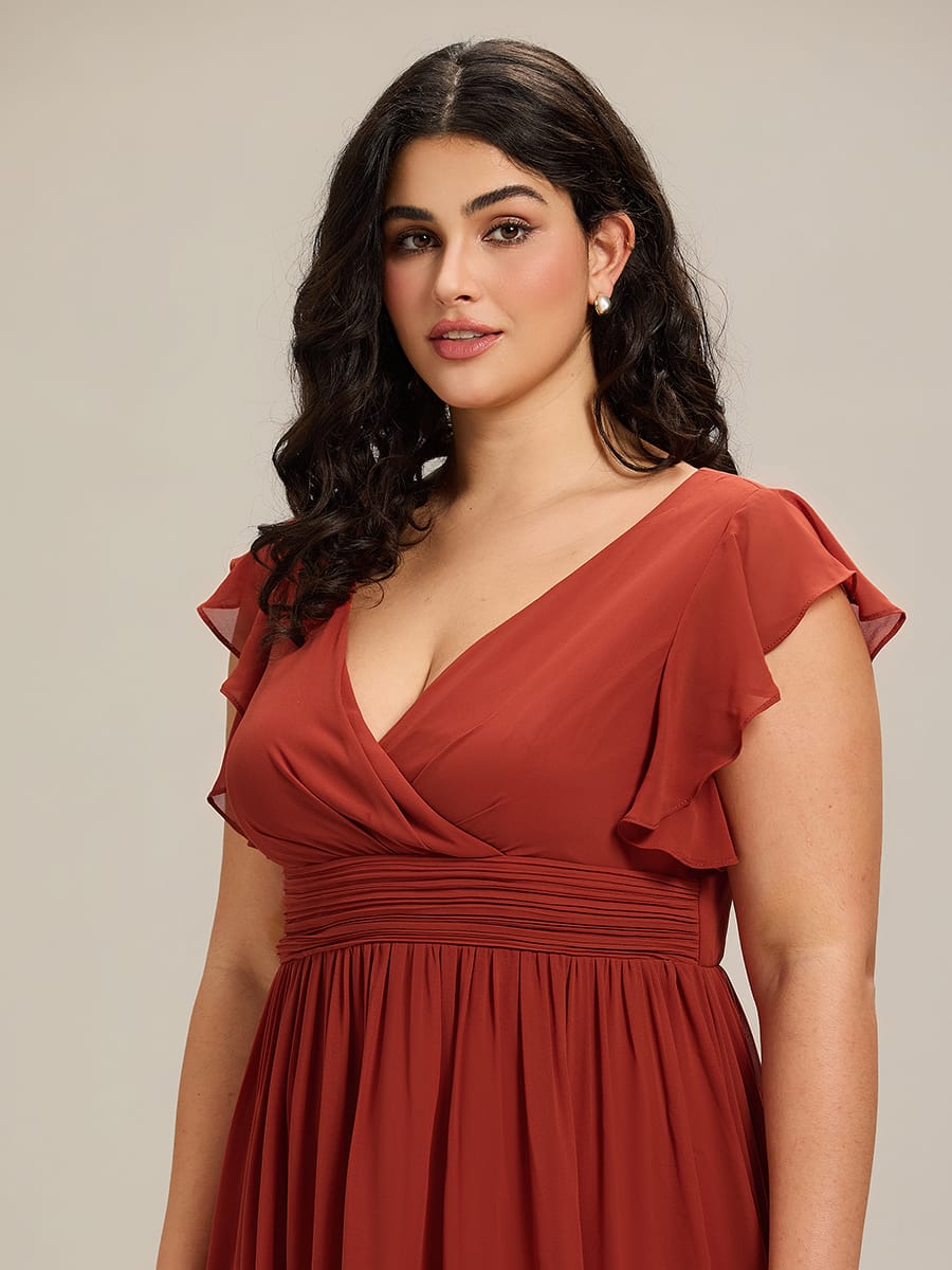 Plus Size V-Neck Open Back Ruffled Sleeves Chiffon Bridesmaid Dress #color_Vermilion