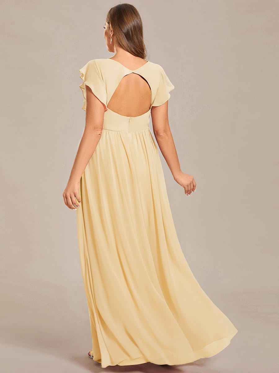 Plus Size V-Neck Open Back Ruffled Sleeves Chiffon Bridesmaid Dress #color_Yellow