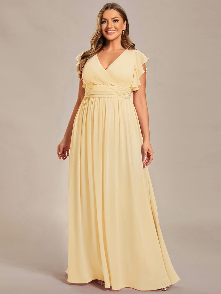 Plus Size V-Neck Open Back Ruffled Sleeves Chiffon Bridesmaid Dress #color_Yellow