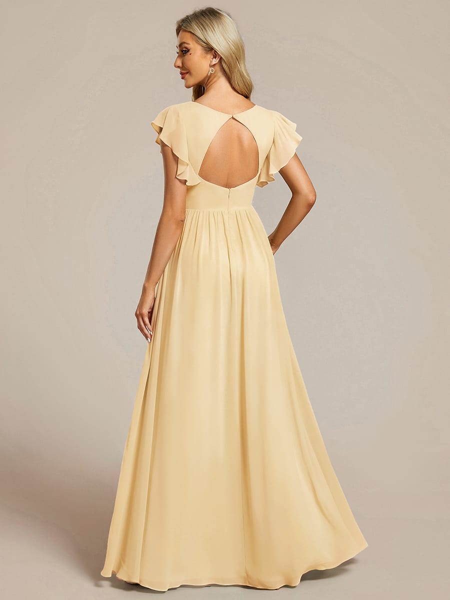 Elegant V-Neck Open Back Chiffon Bridesmaid Dress with Ruffled Sleeves #color_Yellow