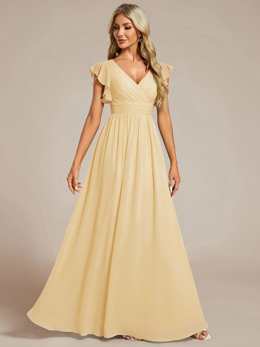 Elegant V-Neck Open Back Chiffon Bridesmaid Dress with Ruffled Sleeves #color_Yellow