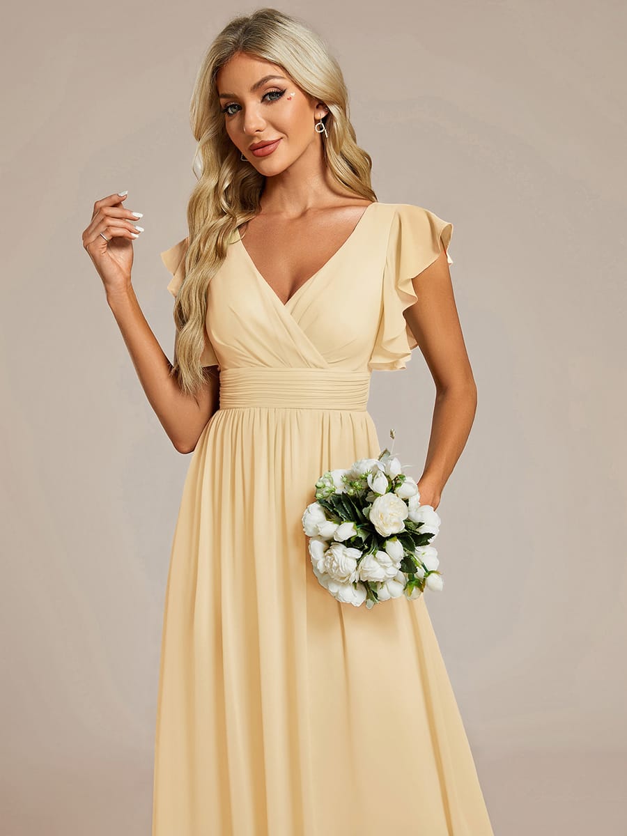 Elegant V-Neck Open Back Chiffon Bridesmaid Dress with Ruffled Sleeves #color_Yellow