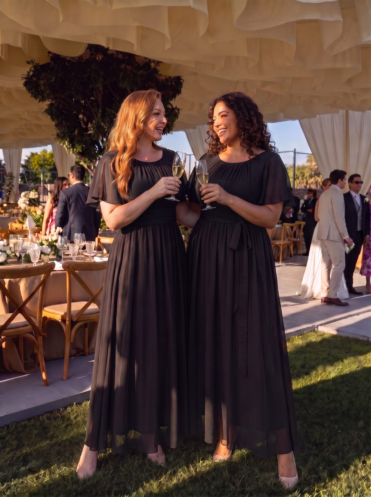 Simple Chiffon Pleated A-Line Round Neckline Bridesmaid Dress #color_Black