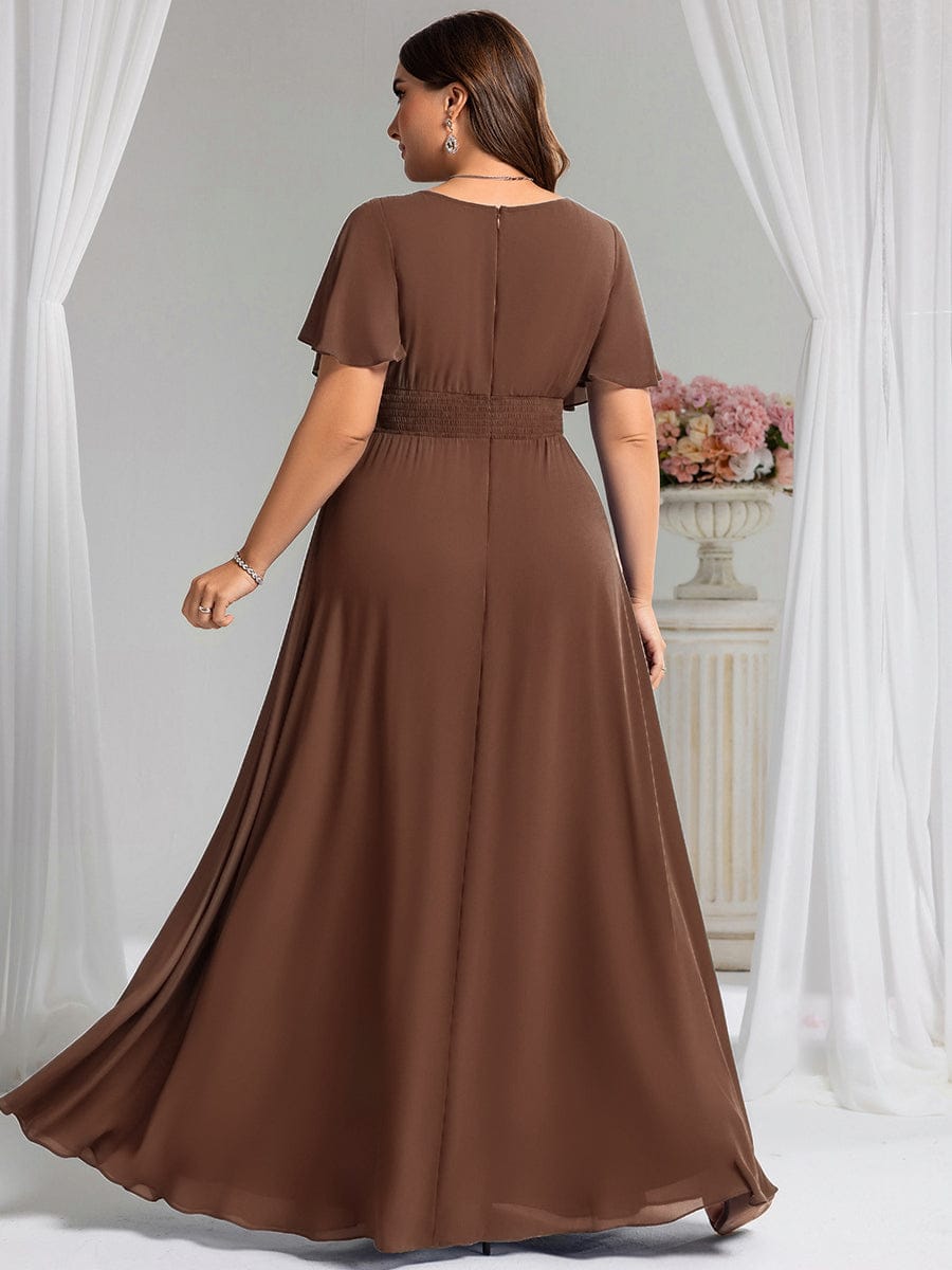 Simple Chiffon Pleated A-Line Round Neckline Dress in Black #color_Brown