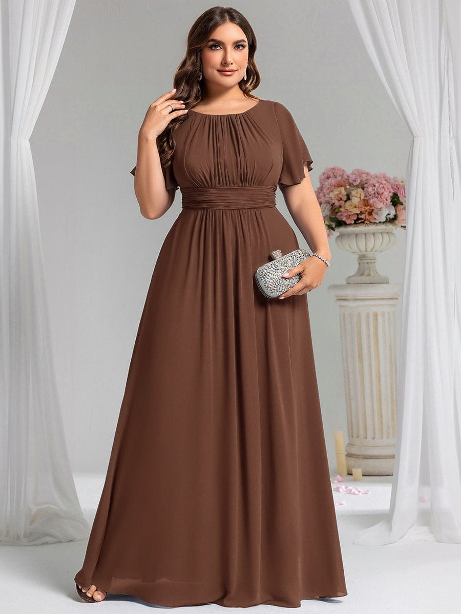 Simple Chiffon Pleated A-Line Round Neckline Dress in Black #color_Brown