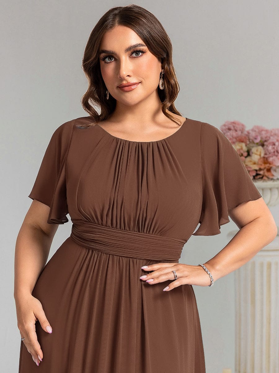 Simple Chiffon Pleated A-Line Round Neckline Dress in Black #color_Brown