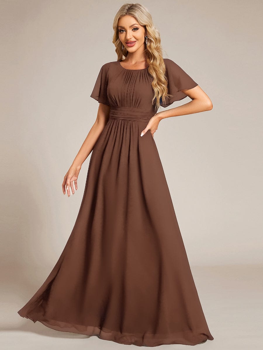 Simple Chiffon Pleated A-Line Round Neckline Dress in Black #color_Brown