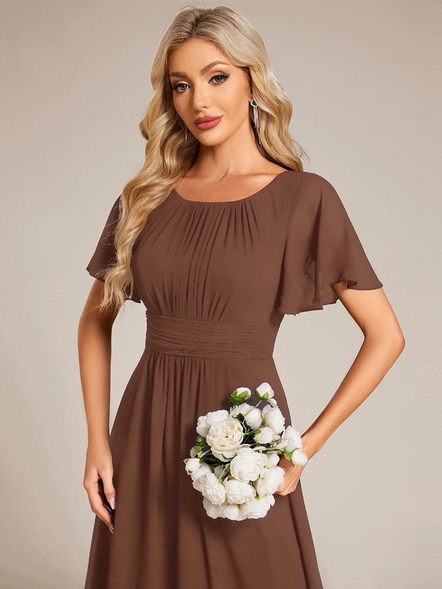 Simple Chiffon Pleated A-Line Round Neckline Dress in Black #color_Brown