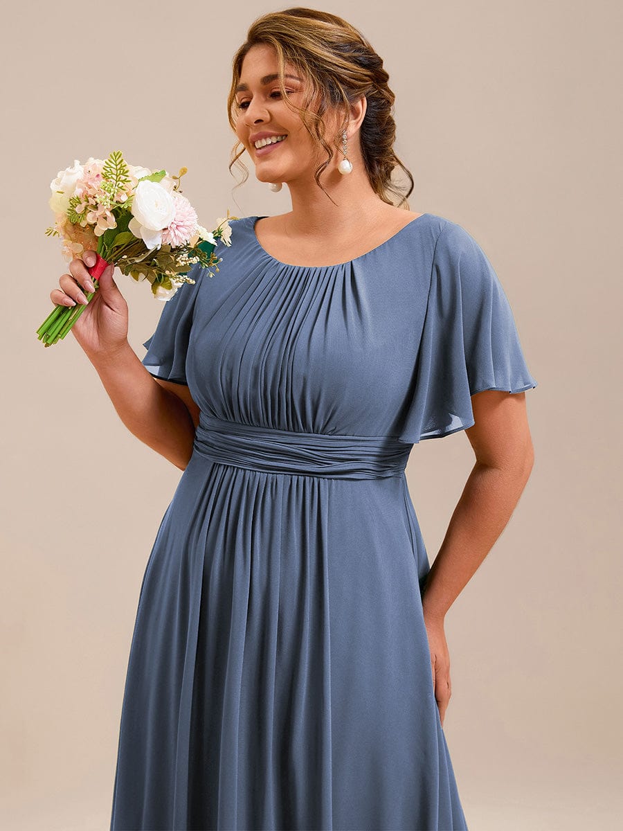 Plus Size Simple Chiffon Pleated A-Line Round Neckline Bridesmaid Dress #color_Dusty Blue