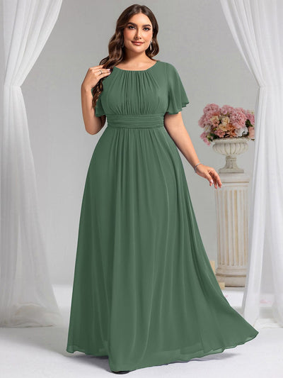 Plus Size Simple Chiffon Pleated A-Line Round Neckline Bridesmaid Dress #color_Eucalyptus Green