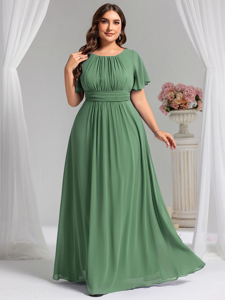 Simple Chiffon Pleated A-Line Round Neckline Bridesmaid Dress #color_Green Bean