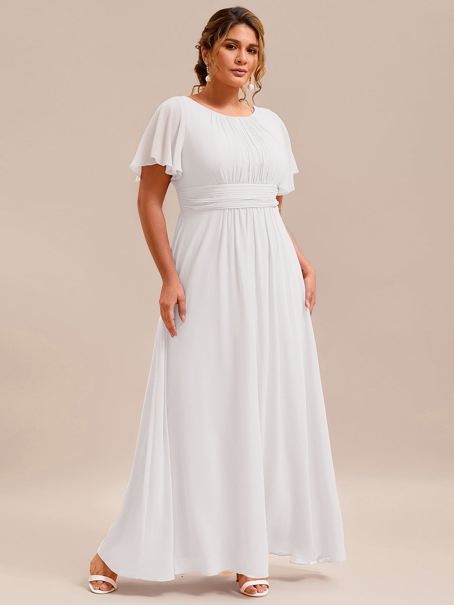 Plus Size Simple Chiffon Pleated A-Line Round Neckline Bridesmaid Dress #color_White