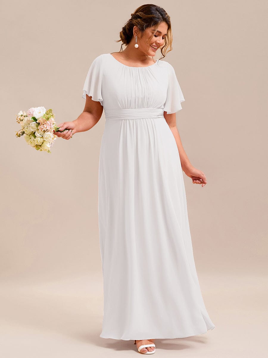 Simple Chiffon Pleated A-Line Round Neckline Bridesmaid Dress #color_White