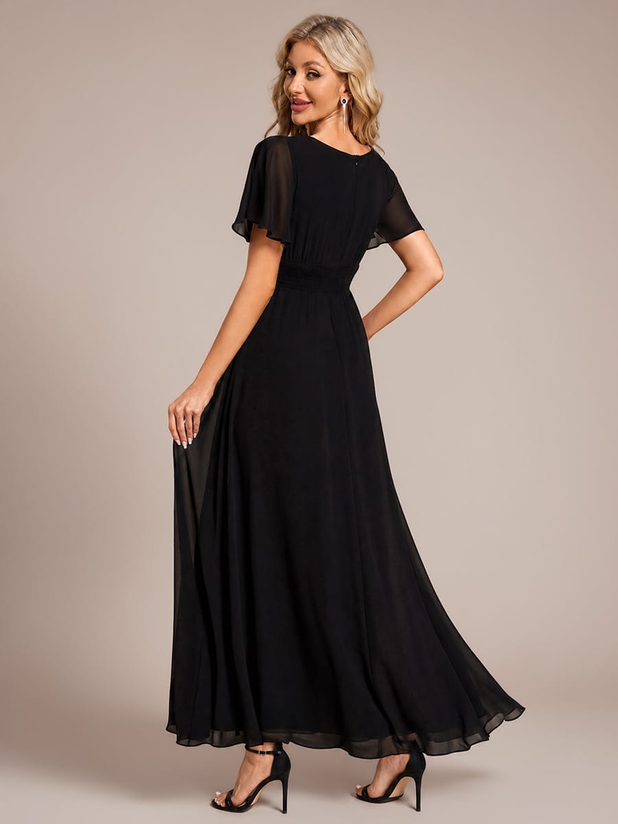 Simple Chiffon Pleated A-Line Round Neckline Bridesmaid Dress #color_Black