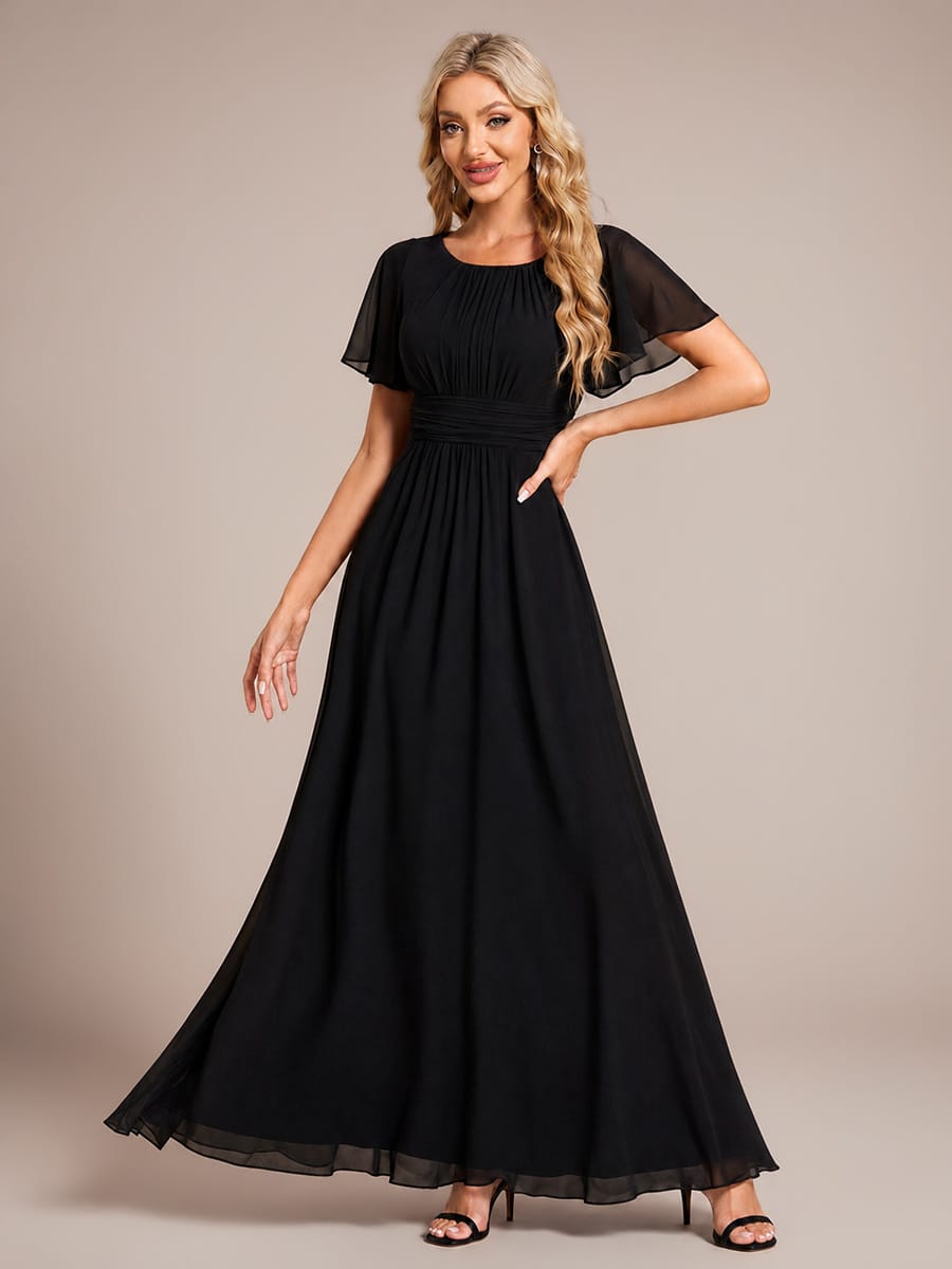 Simple Chiffon Pleated A-Line Round Neckline Bridesmaid Dress #color_Black