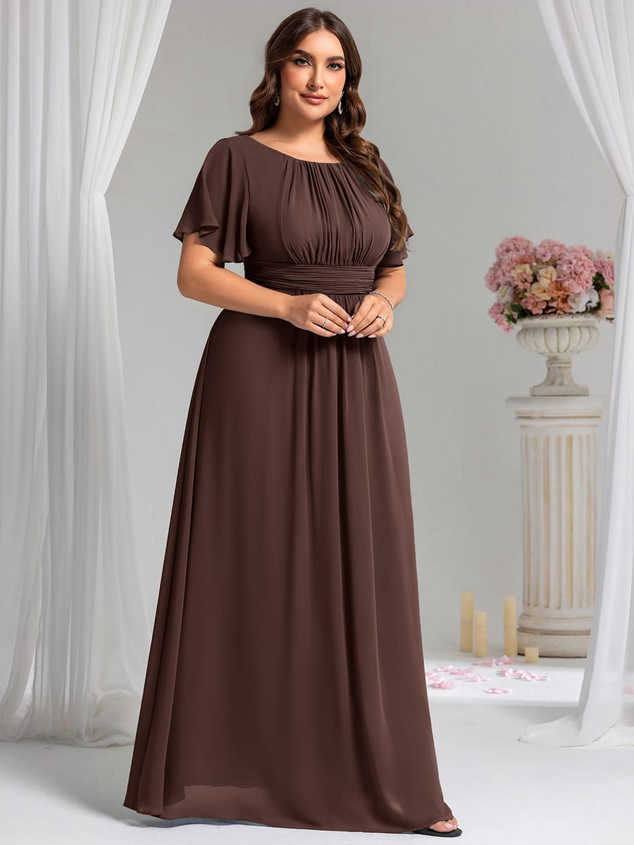 Simple Chiffon Pleated A-Line Round Neckline Bridesmaid Dress #color_Chocolate Brown