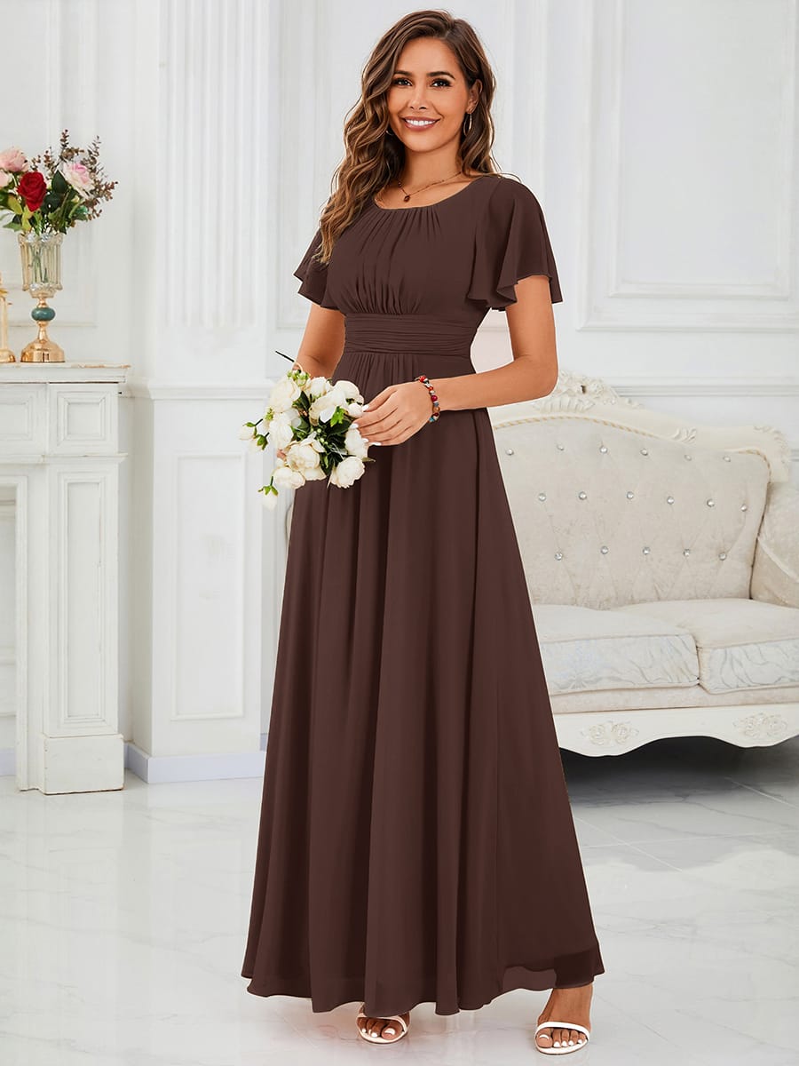 Simple Chiffon Pleated A-Line Round Neckline Bridesmaid Dress #color_Chocolate Brown