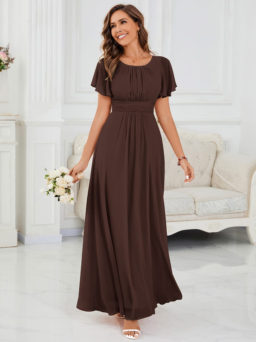 Simple Chiffon Pleated A-Line Round Neckline Bridesmaid Dress #color_Chocolate Brown