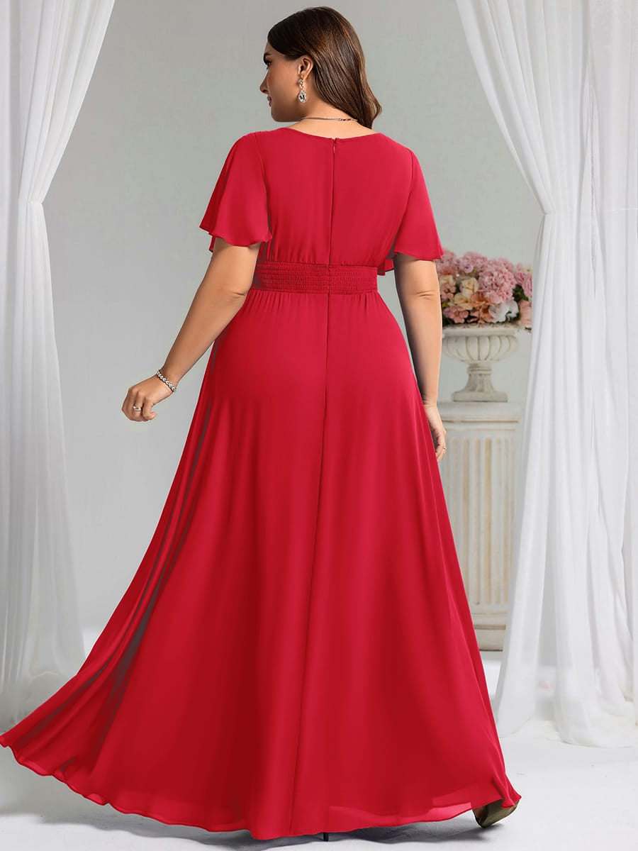 Simple Chiffon Pleated A-Line Round Neckline Bridesmaid Dress #color_Red