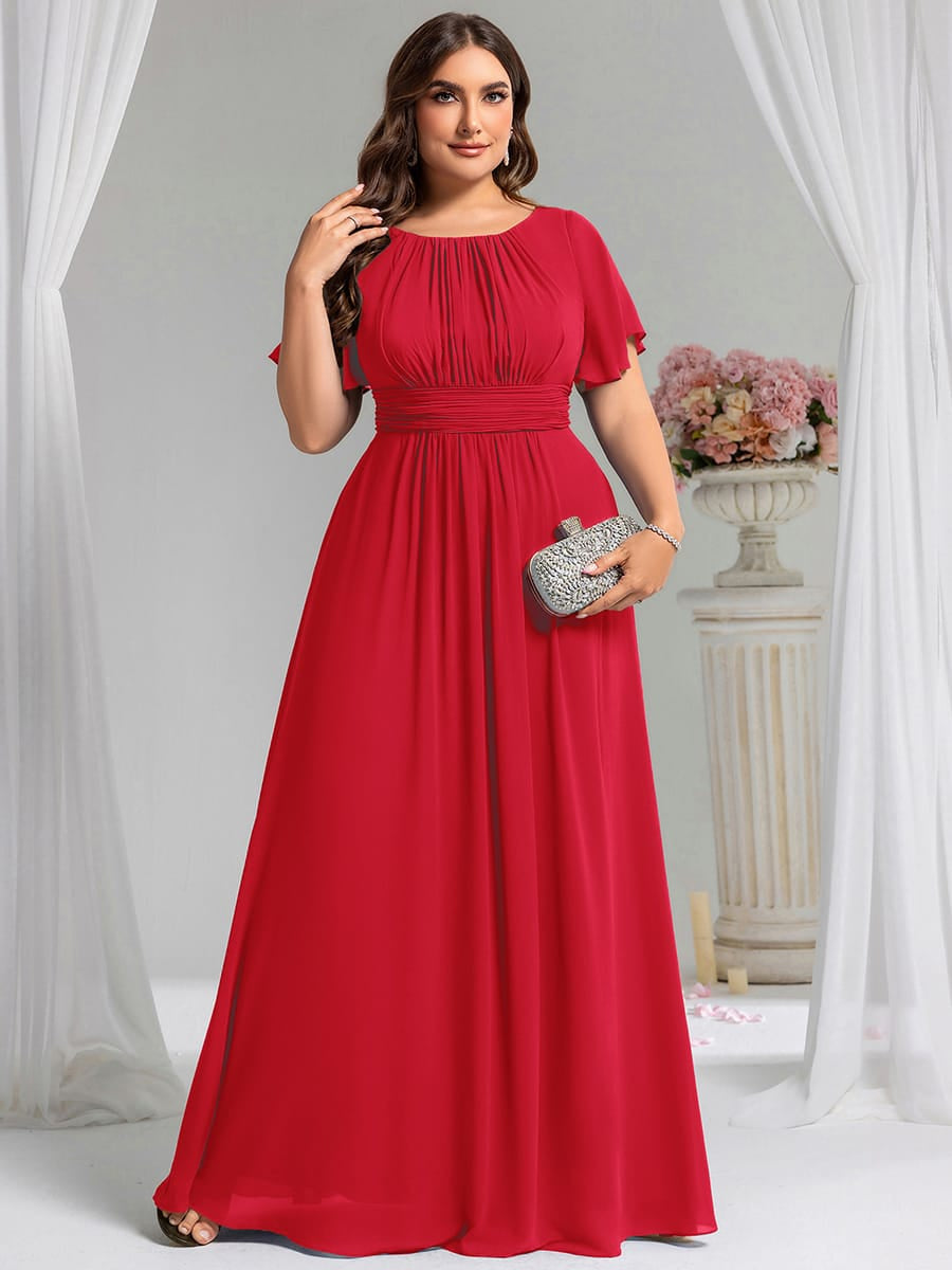 Simple Chiffon Pleated A-Line Round Neckline Bridesmaid Dress #color_Red